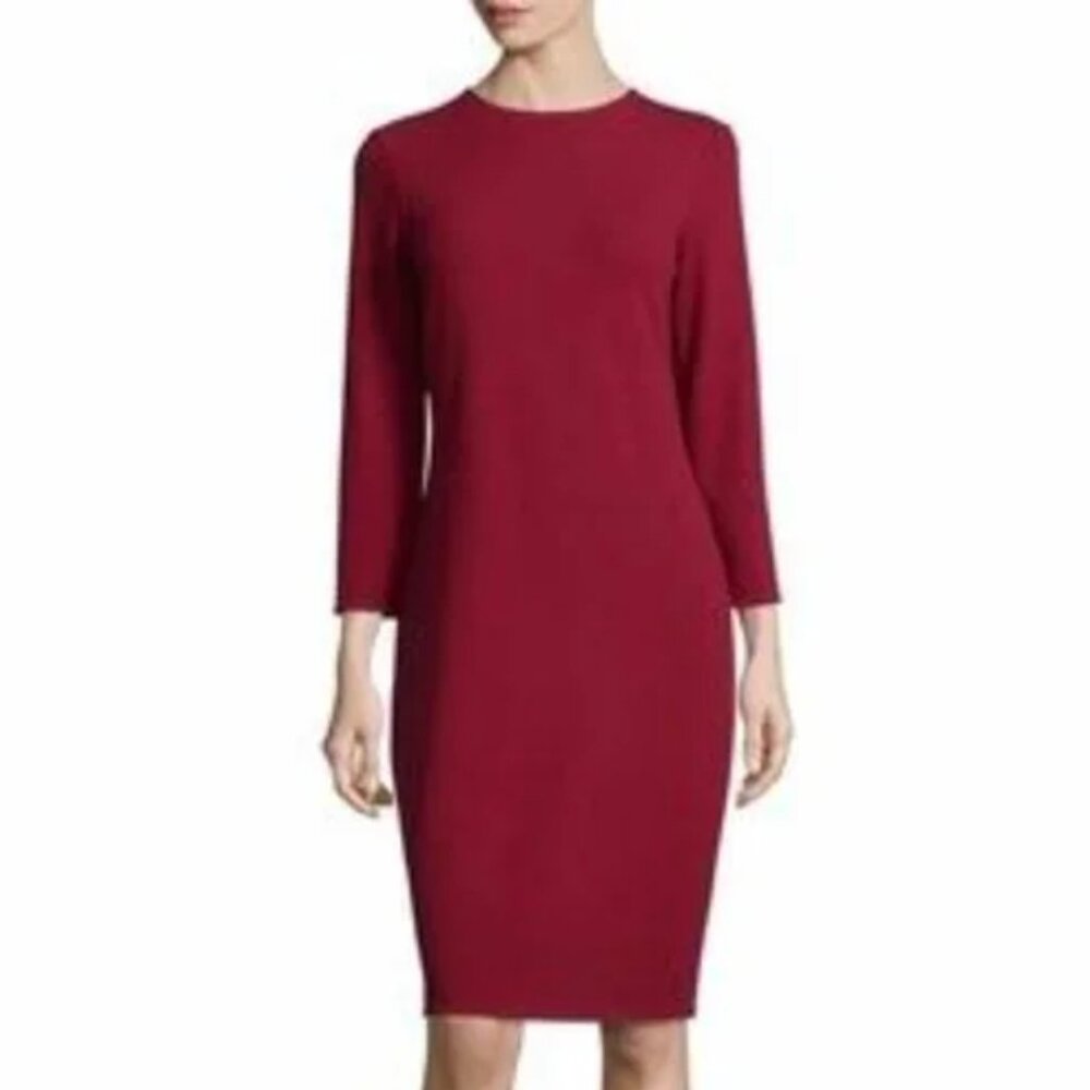 VINCE Women's L 3/4 Sleeve Stretch Crepe Sheath Dress‎ in Crimson Red Office
